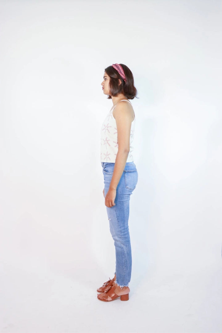 ilamra hand block printed naturally dyed organic cotton Off-white, madder red, orange and brown crop top