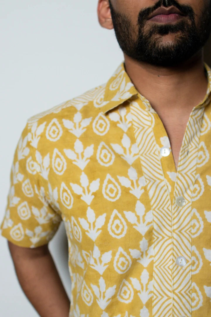 ilamra men's hand block printed naturally dyed organic cotton off-white and yellow shirt