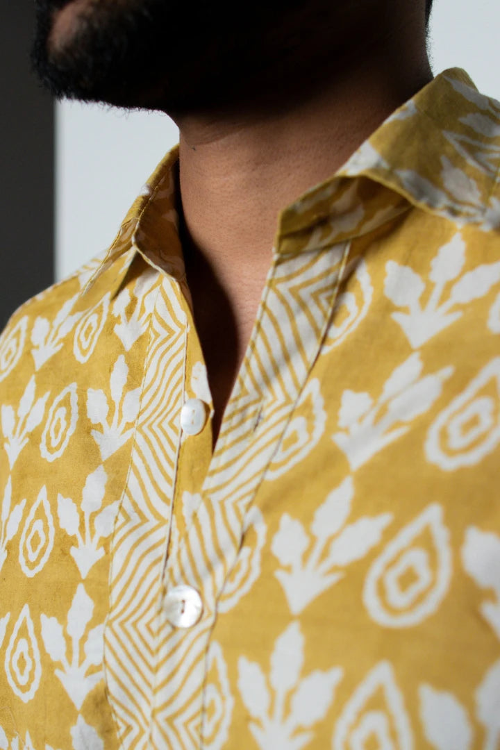ilamra men's hand block printed naturally dyed organic cotton off-white and yellow shirt