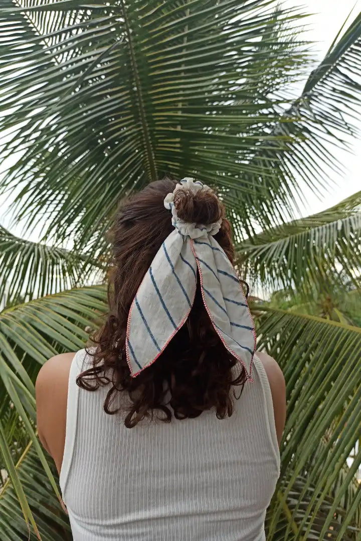 Ilamra hand block printed sustainably made naturally dyed Indigo and off-white Upcycled organic Cotton Mul scrunchie