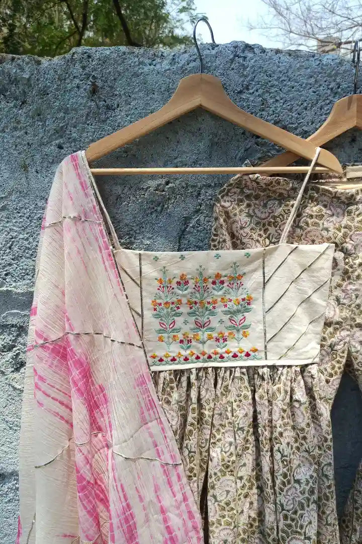 Ilamra sustainable clothing organic cotton Olive Green, Rose Pink hand block printed sharara