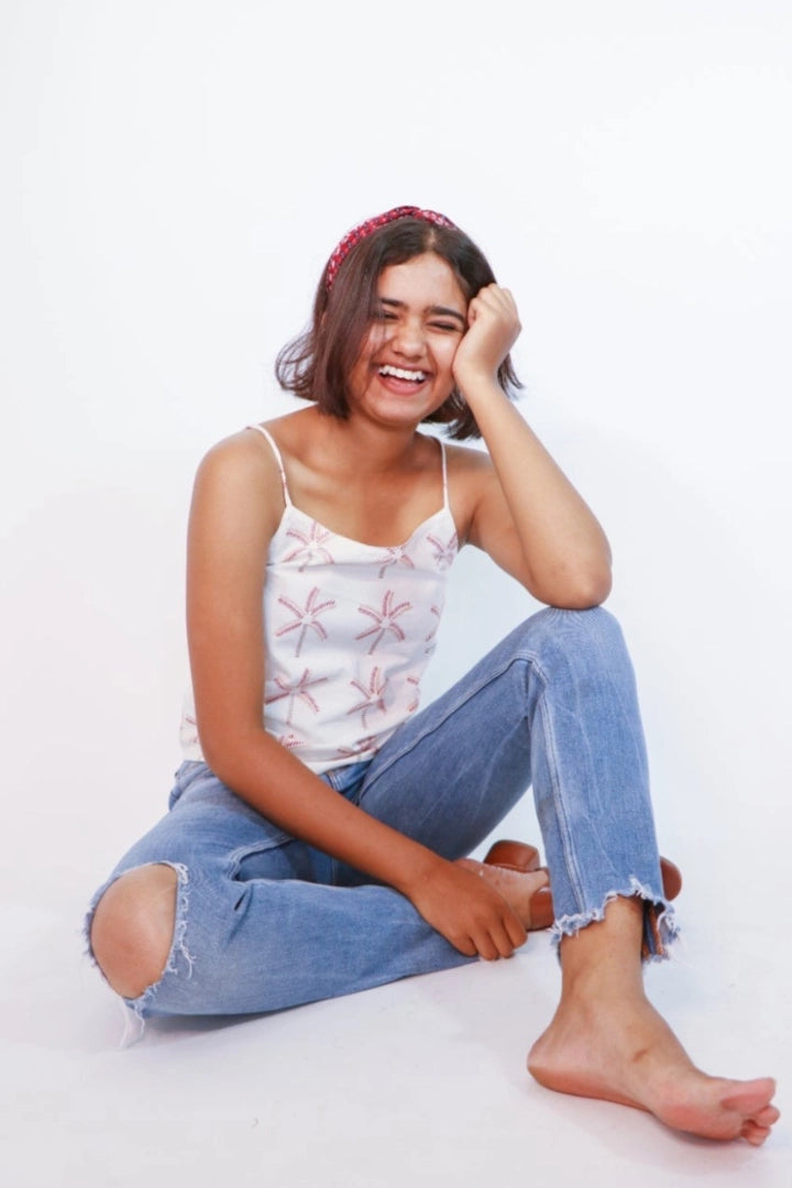 ilamra hand block printed naturally dyed organic cotton Off-white, madder red, orange and brown crop top