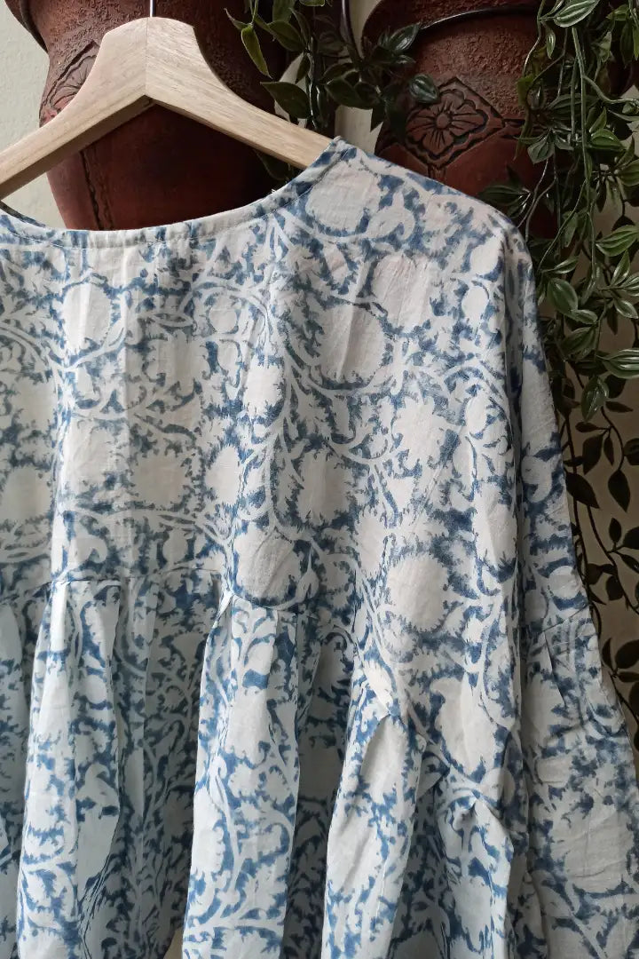 Ilamra sustainable clothing organic cotton indigo and white hand block printed tent top