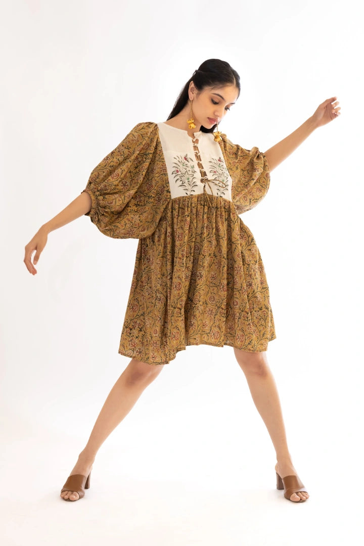 Ilamra hand block printed organic cotton naturally dyed Mustard yellow with hints of madder red and dirty green knee-length dress