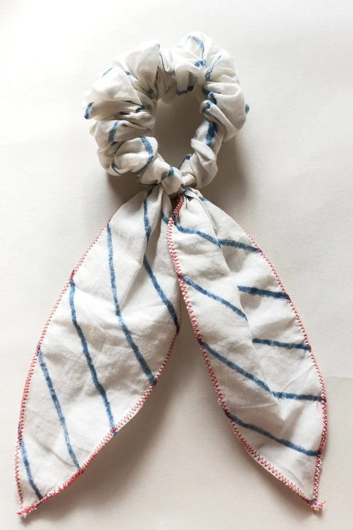 Ilamra hand block printed sustainably made naturally dyed Indigo and off-white Upcycled organic Cotton Mul scrunchie