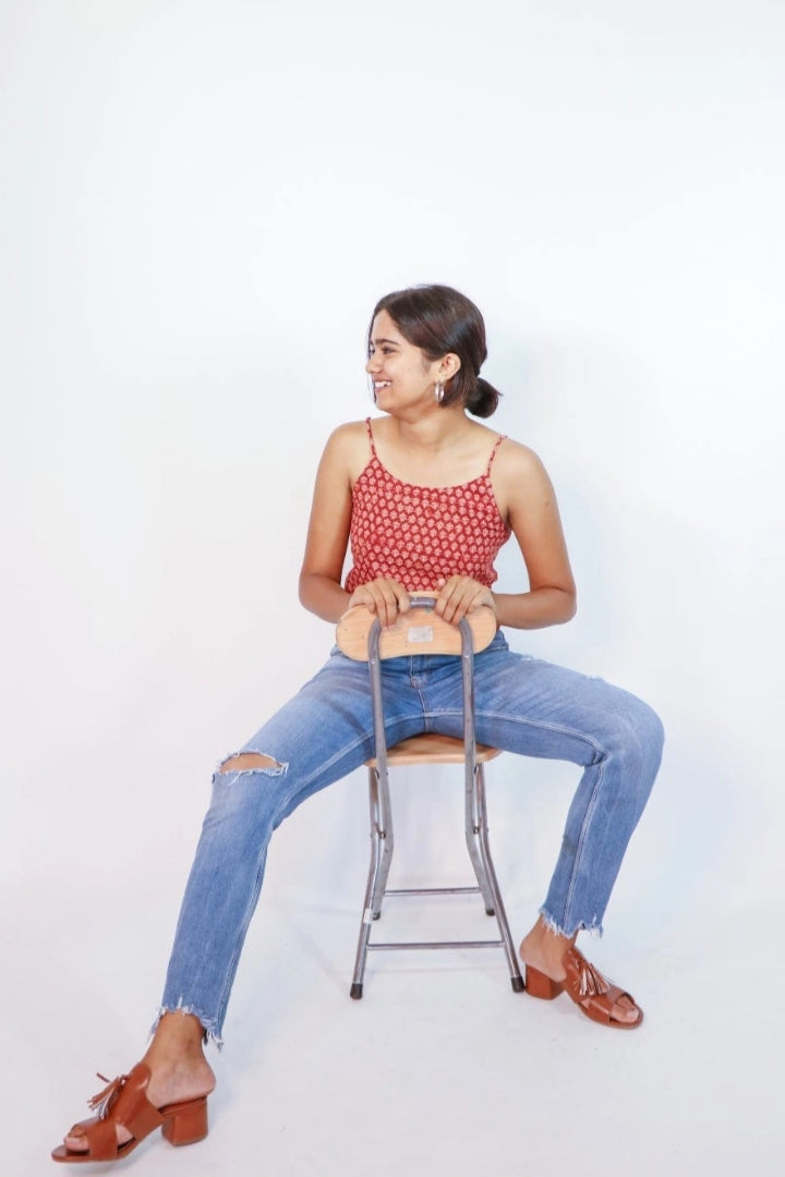Ilamra sustainable clothing organic cotton madder red and beige hand block printed sexy crop top