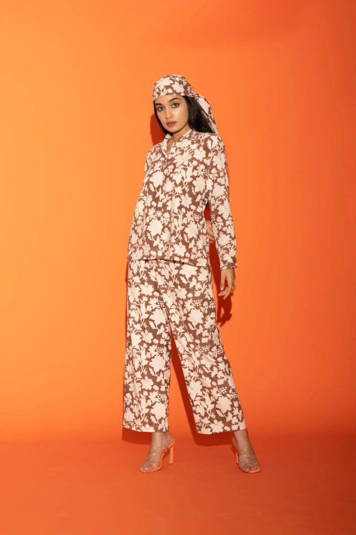 ilamra hand block printed naturally dyed organic cotton brown and off-white shirt