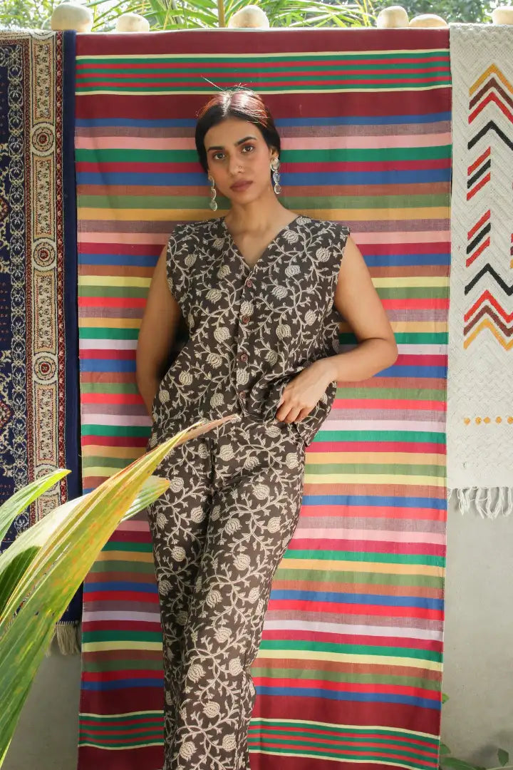 Ilamra kalamkari craft hand block printed organic cotton black and beige co-ord set