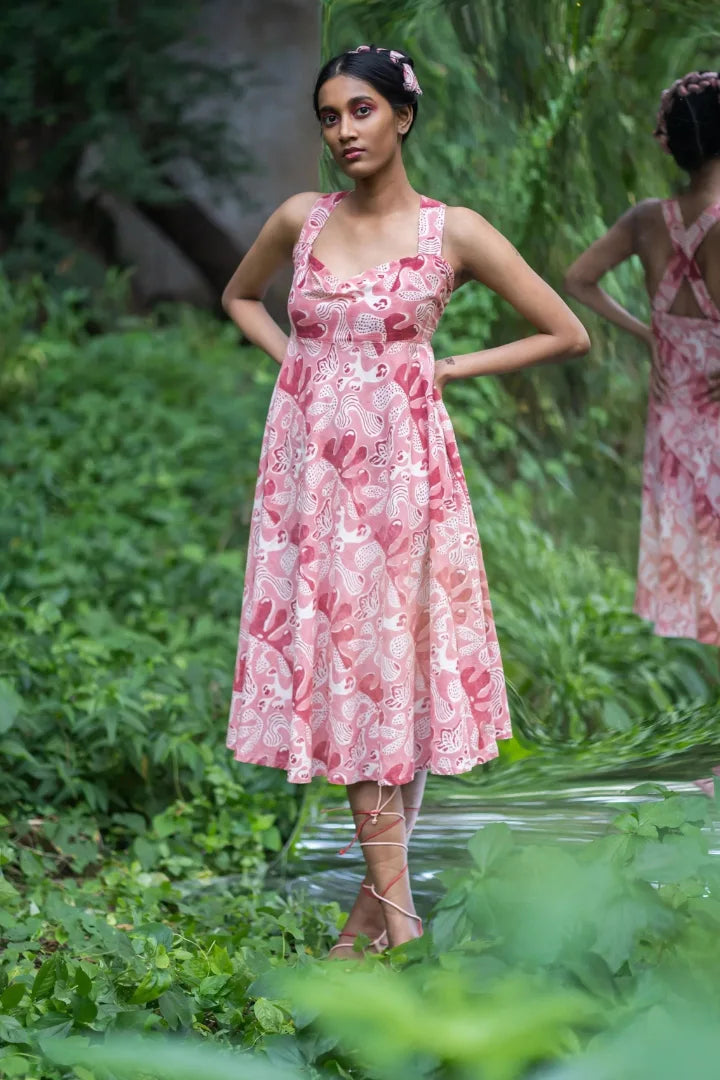 Ilamra hand block printed organic cotton naturally dyed pink and red dress
