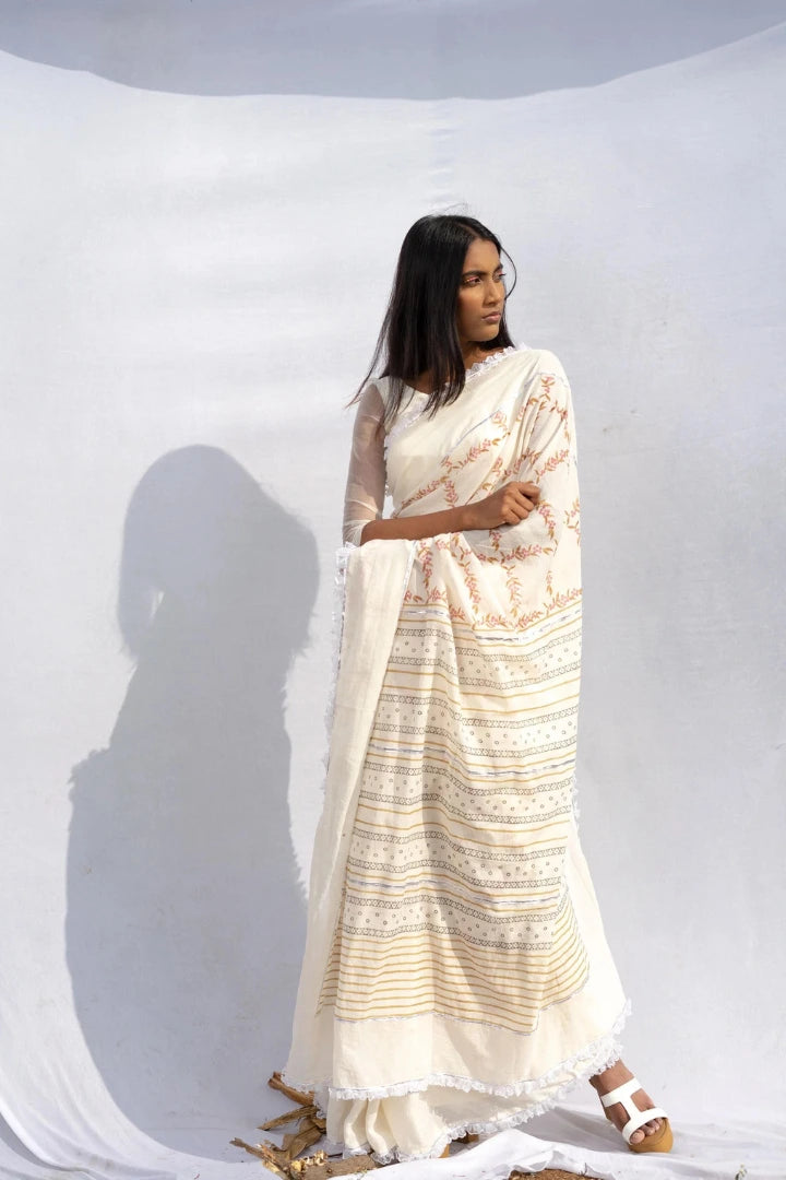 Ilamra kalamkari craft hand block printed organic cotton Pink and green peppercorn motifs on a pebble white base saree