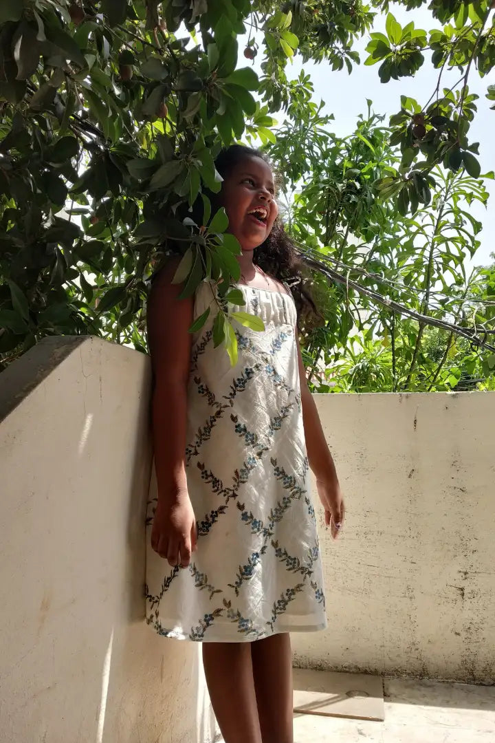 Ilamra hand block printed sustainably made naturally dyed Indigo and off-white peppercorn print cute frock