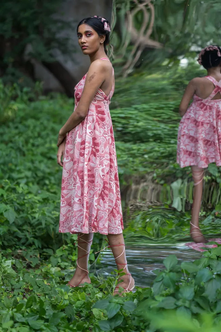 Ilamra hand block printed organic cotton naturally dyed pink and red dress