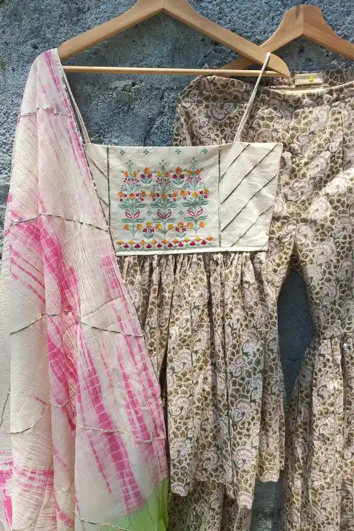 Ilamra sustainable clothing organic cotton Olive Green, Rose Pink hand block printed sharara