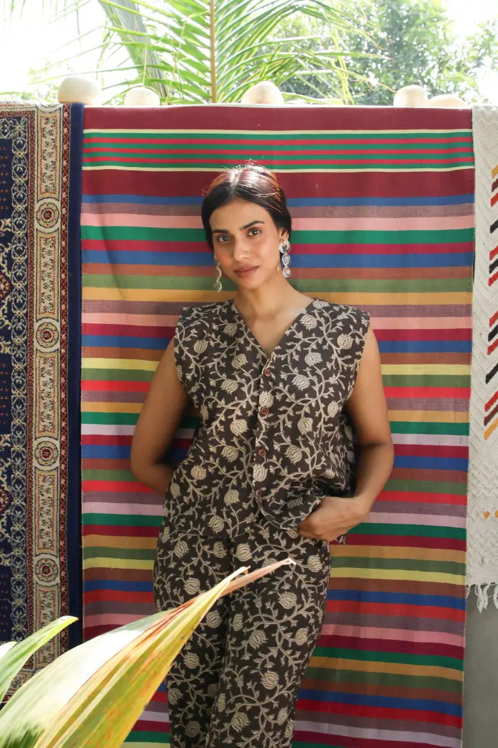 Ilamra kalamkari craft hand block printed organic cotton black and beige co-ord set
