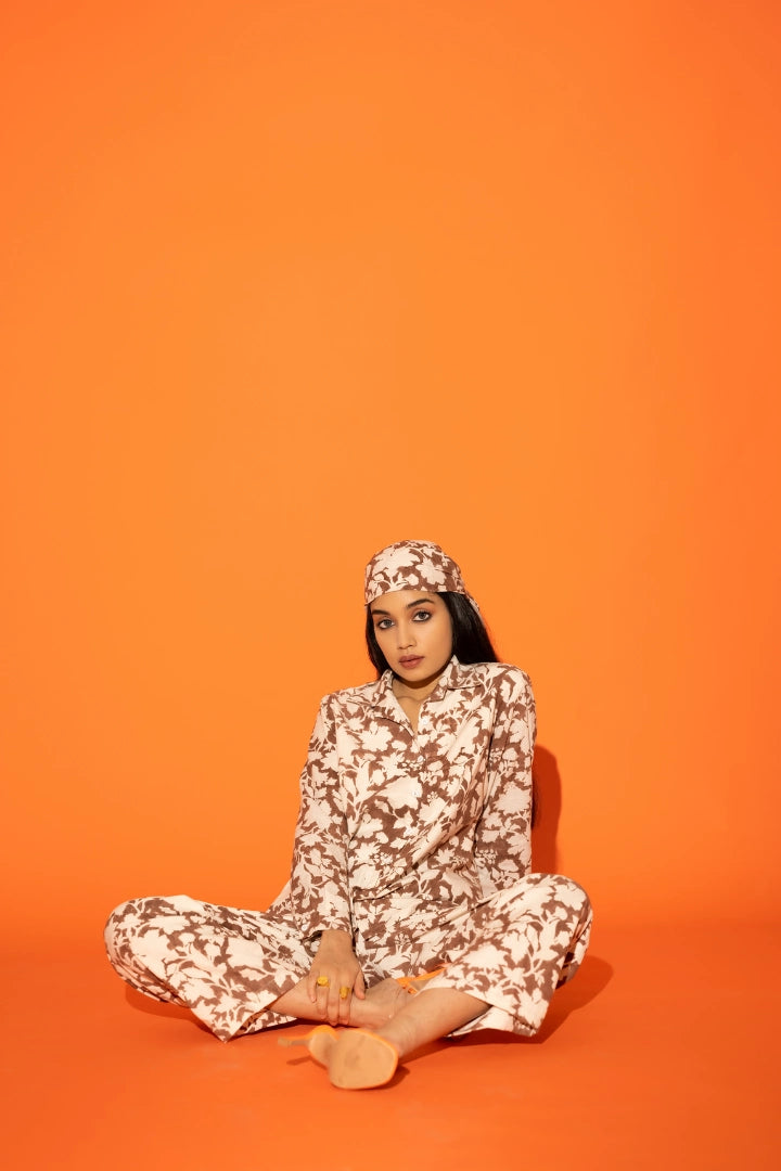 ilamra hand block printed naturally dyed organic cotton brown and off-white shirt