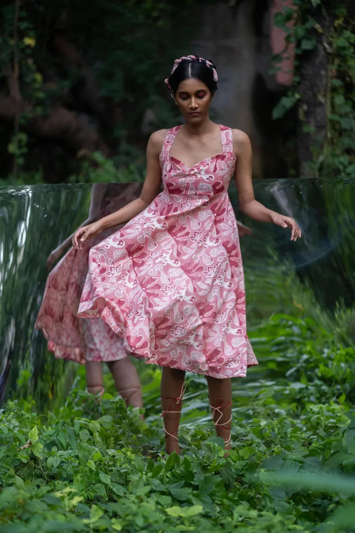 Ilamra hand block printed organic cotton naturally dyed pink and red dress