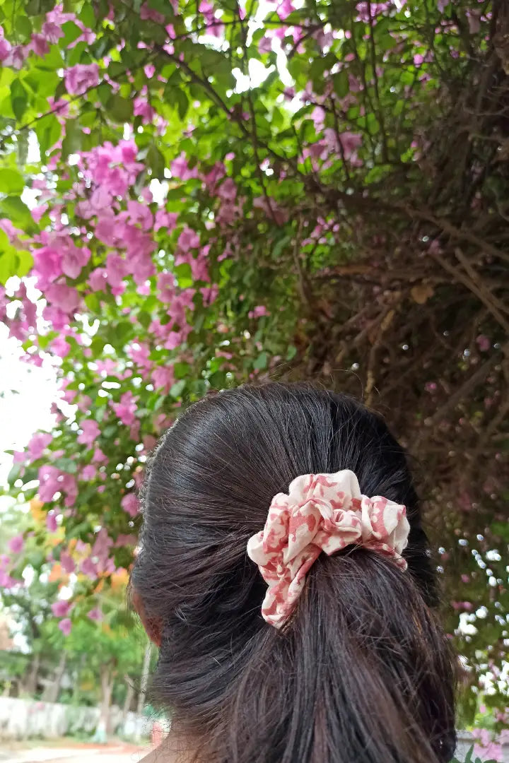 Ilamra kalamkari craft hand block printed organic cotton Blush pink and off-white scrunchie