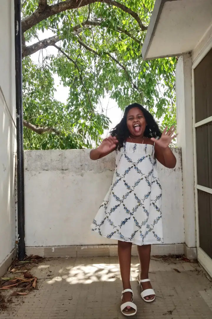 Ilamra hand block printed sustainably made naturally dyed Indigo and off-white peppercorn print cute frock