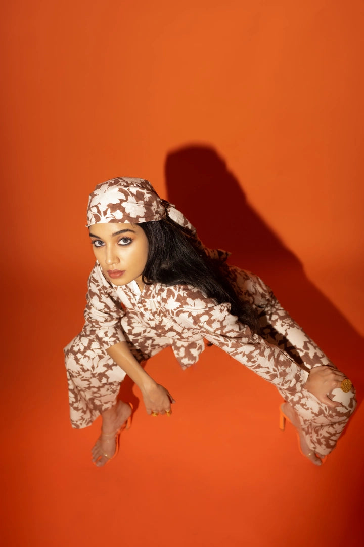 ilamra hand block printed naturally dyed organic cotton brown and off-white shirt