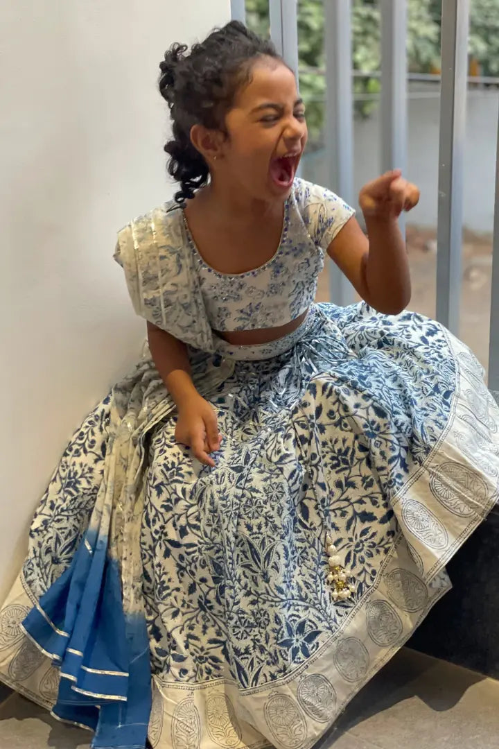 Ilamra kalamkari sustainable clothing organic cotton off-white and indigo hand block printed blouse and lehenga set