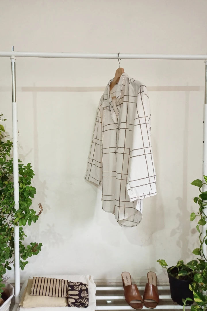 Ilamra hand block printed sustainably made naturally dyed Black and Off-white shirt with foldable cuff sleeves