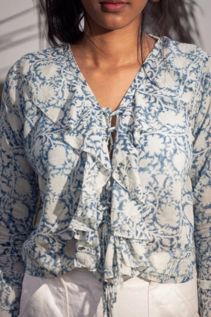 Ilamra sustainable clothing organic cotton Off-White and Indigo hand block printed sexy ruffle top