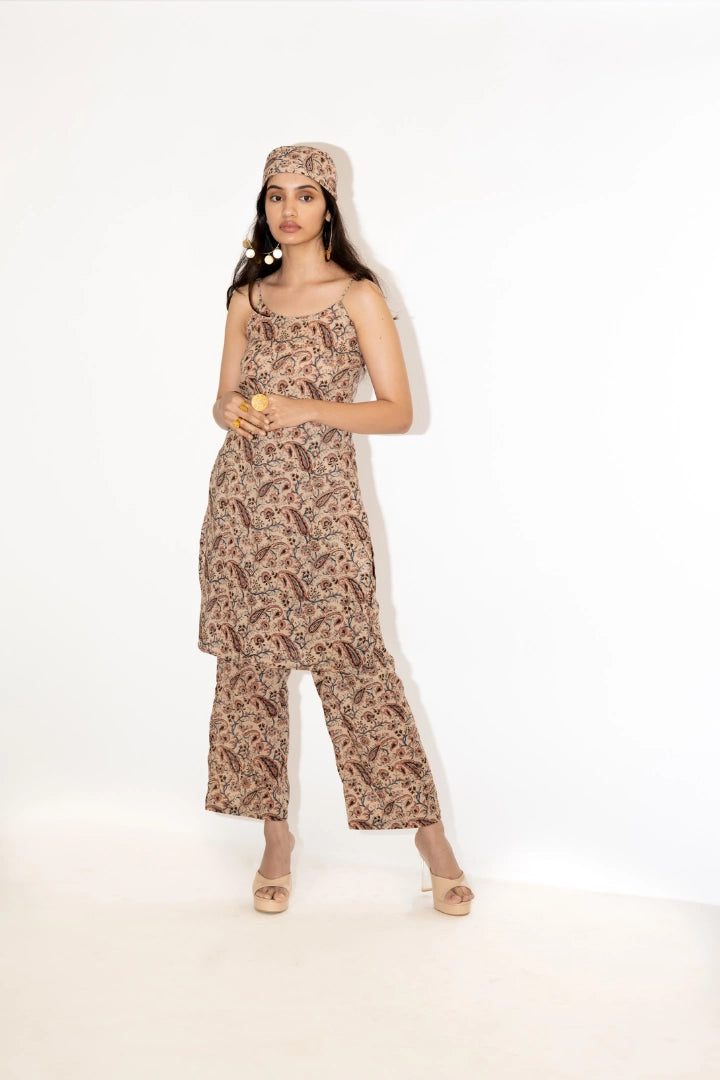 Ilamra hand block printed sustainably made naturally dyed Beige with hints of indigo, madder red and blush pink co-ord set