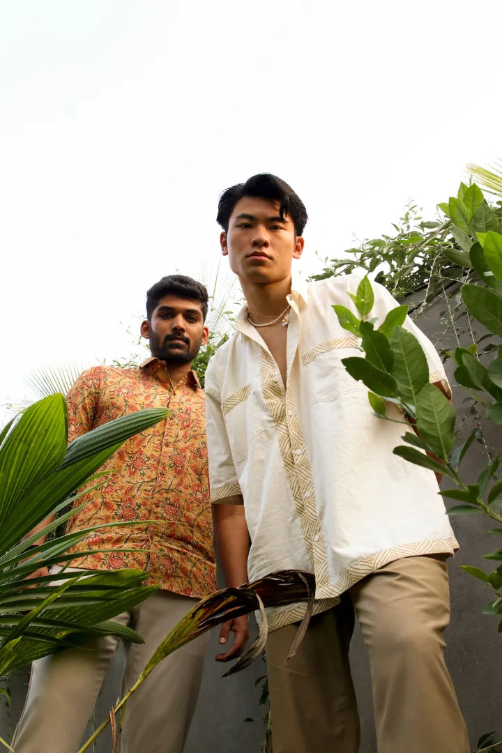 ilamra men's hand block printed naturally dyed organic cotton off-white and yellow shirt