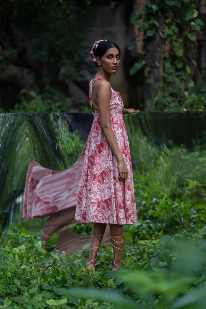 Ilamra hand block printed organic cotton naturally dyed pink and red dress