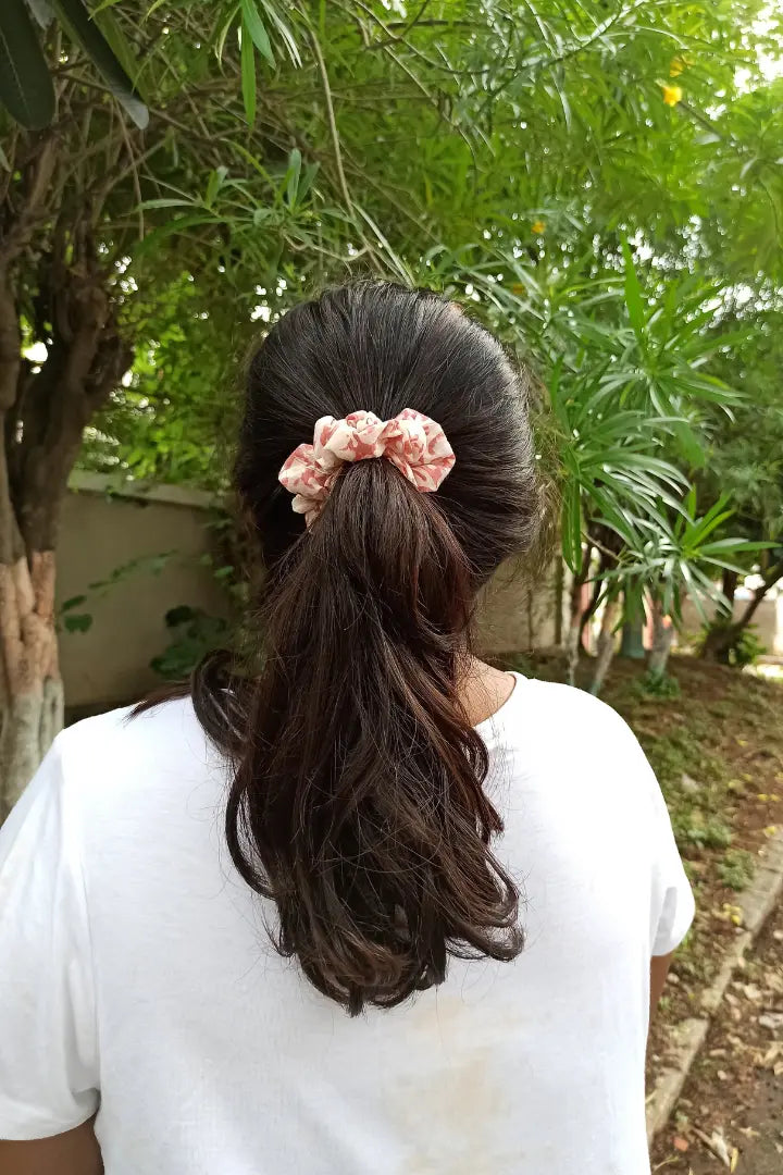 Ilamra kalamkari craft hand block printed organic cotton Blush pink and off-white scrunchie