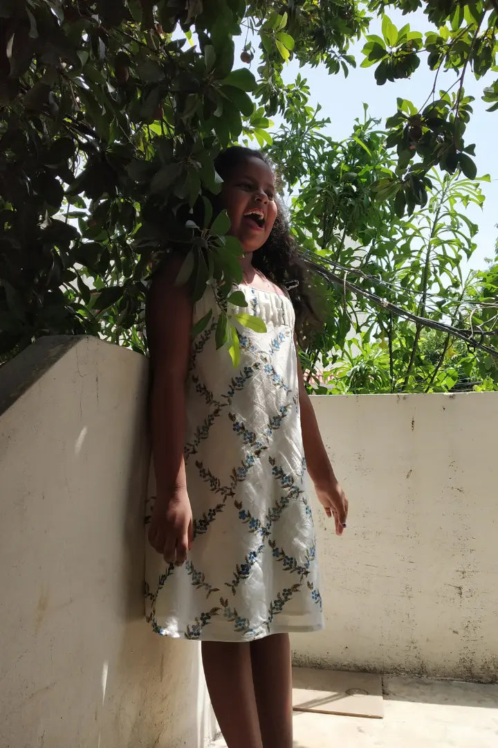 Ilamra hand block printed sustainably made naturally dyed Indigo and off-white peppercorn print cute frock