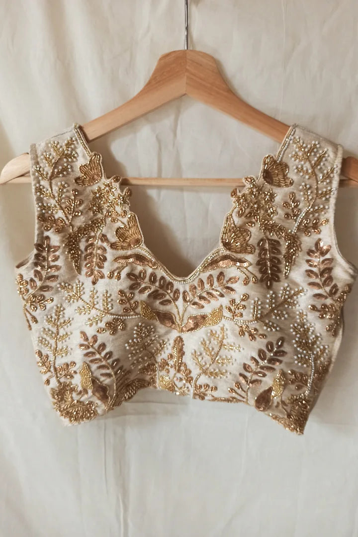 Ilamra sustainable clothing organic cotton beige hand block printed blouse and lehenga set