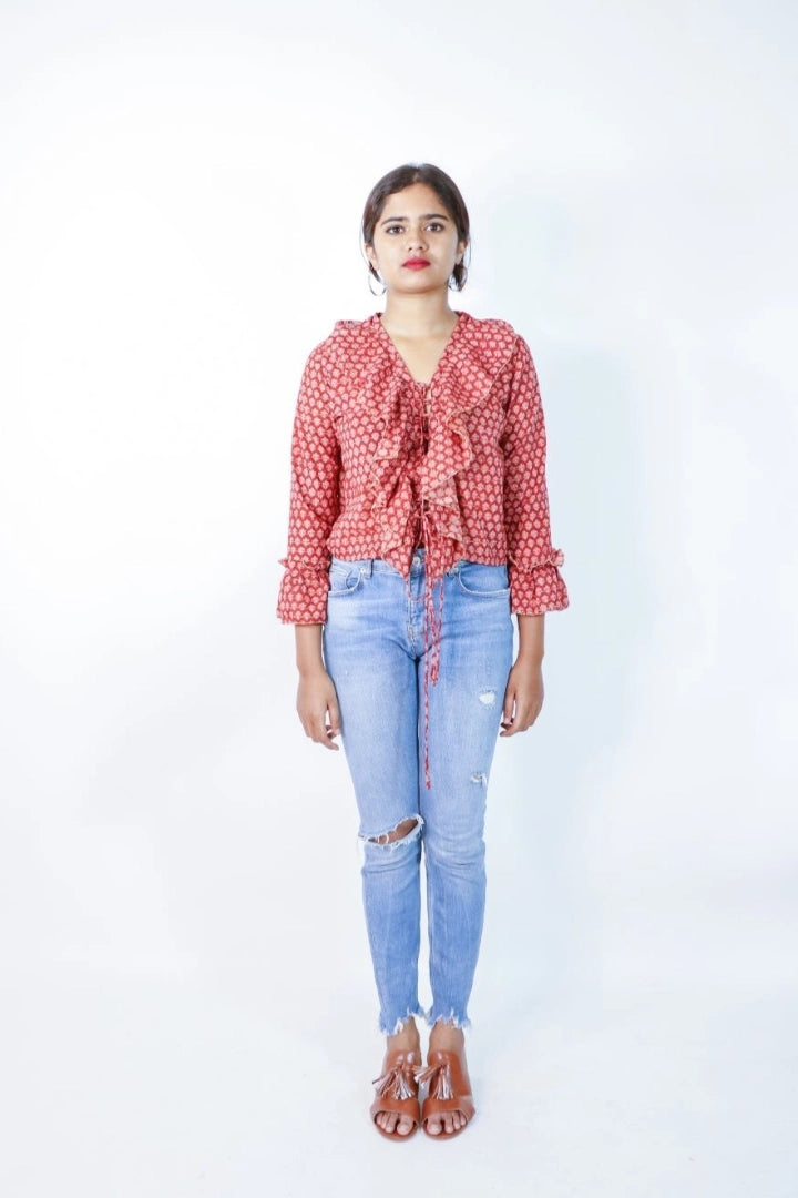 Ilamra sustainable clothing organic cotton madder red and beige hand block printed sexy ruffle top