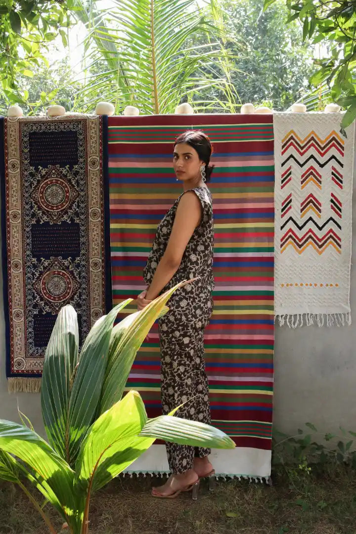 Ilamra kalamkari craft hand block printed organic cotton black and beige co-ord set