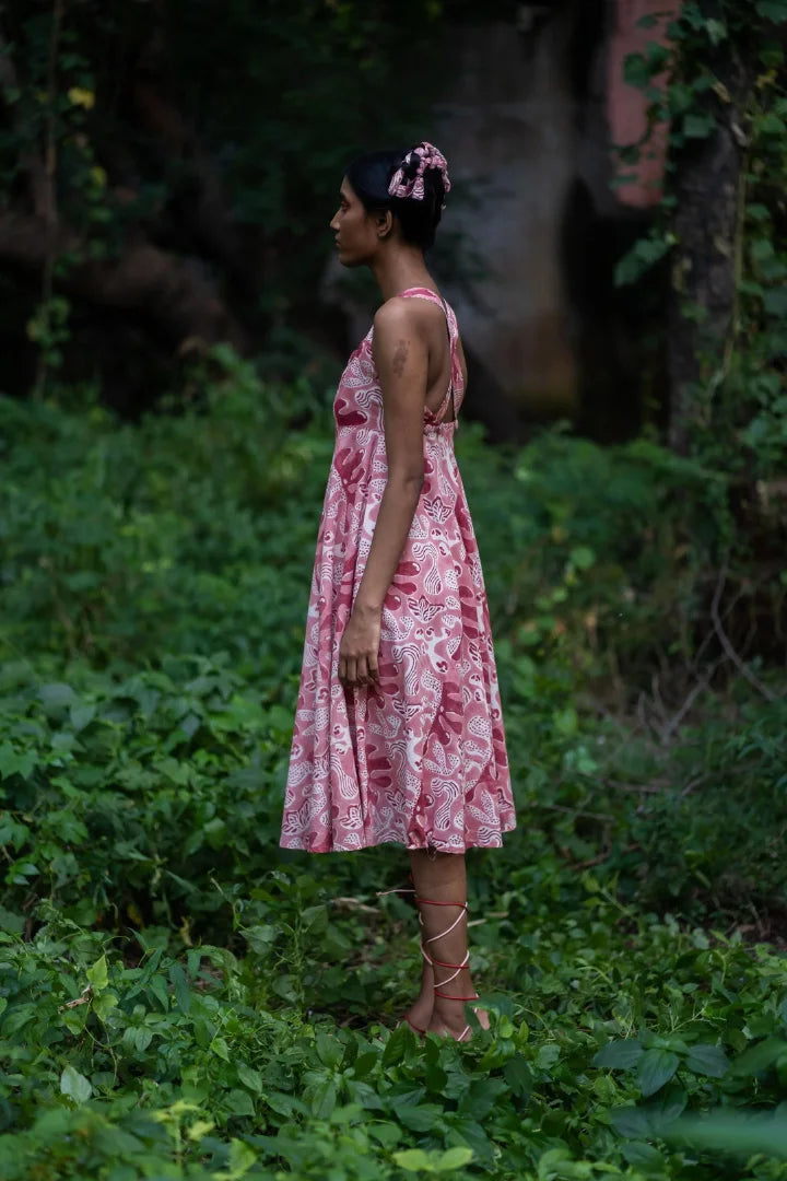 Ilamra hand block printed organic cotton naturally dyed pink and red dress