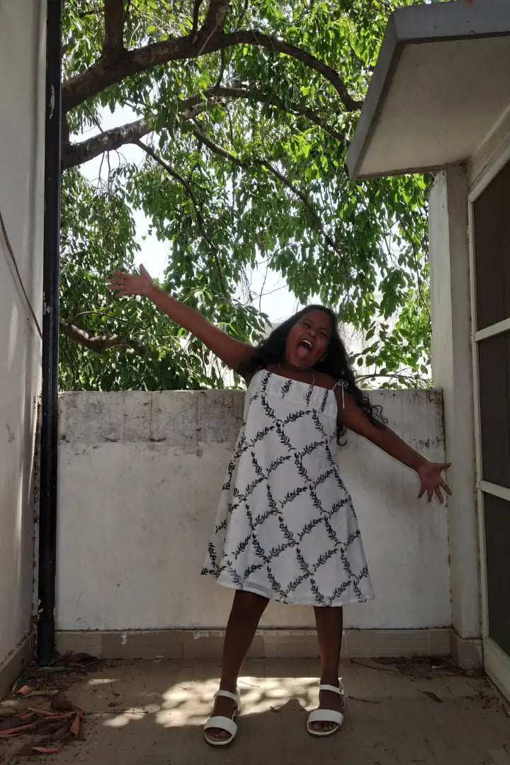Ilamra hand block printed sustainably made naturally dyed Indigo and off-white peppercorn print cute frock