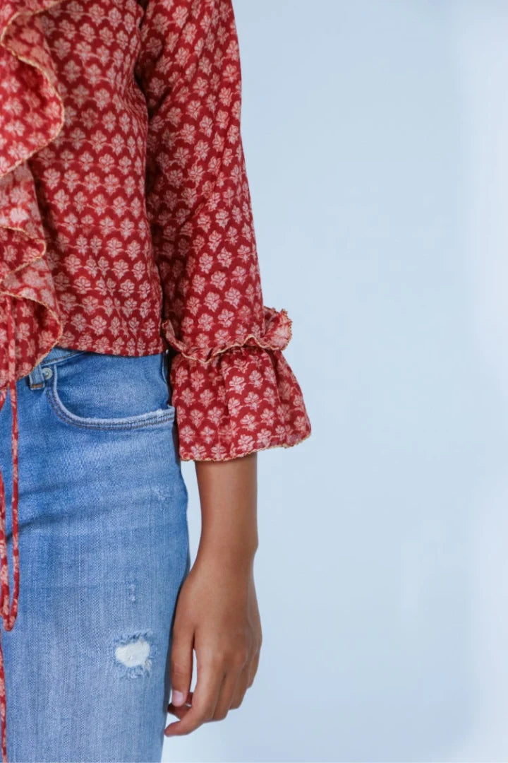Ilamra sustainable clothing organic cotton madder red and beige hand block printed sexy ruffle top