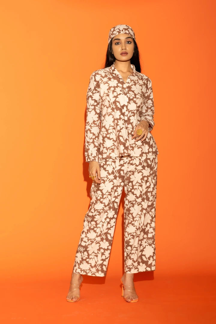 ilamra hand block printed naturally dyed organic cotton brown and off-white shirt