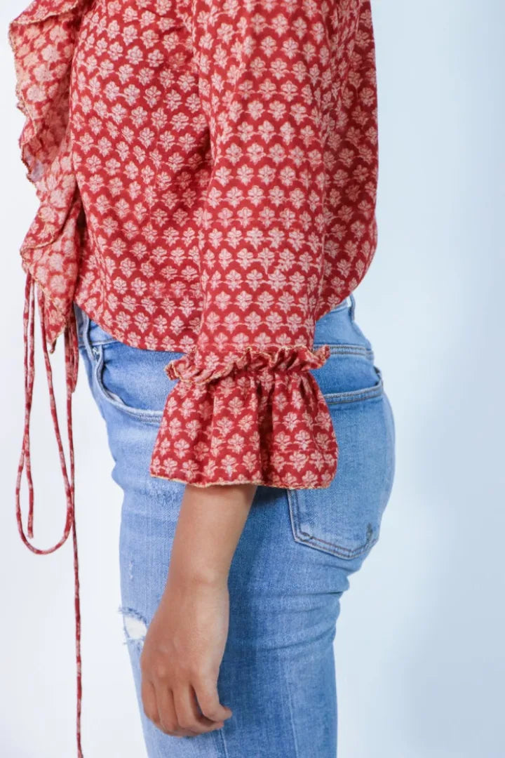 Ilamra sustainable clothing organic cotton madder red and beige hand block printed sexy ruffle top