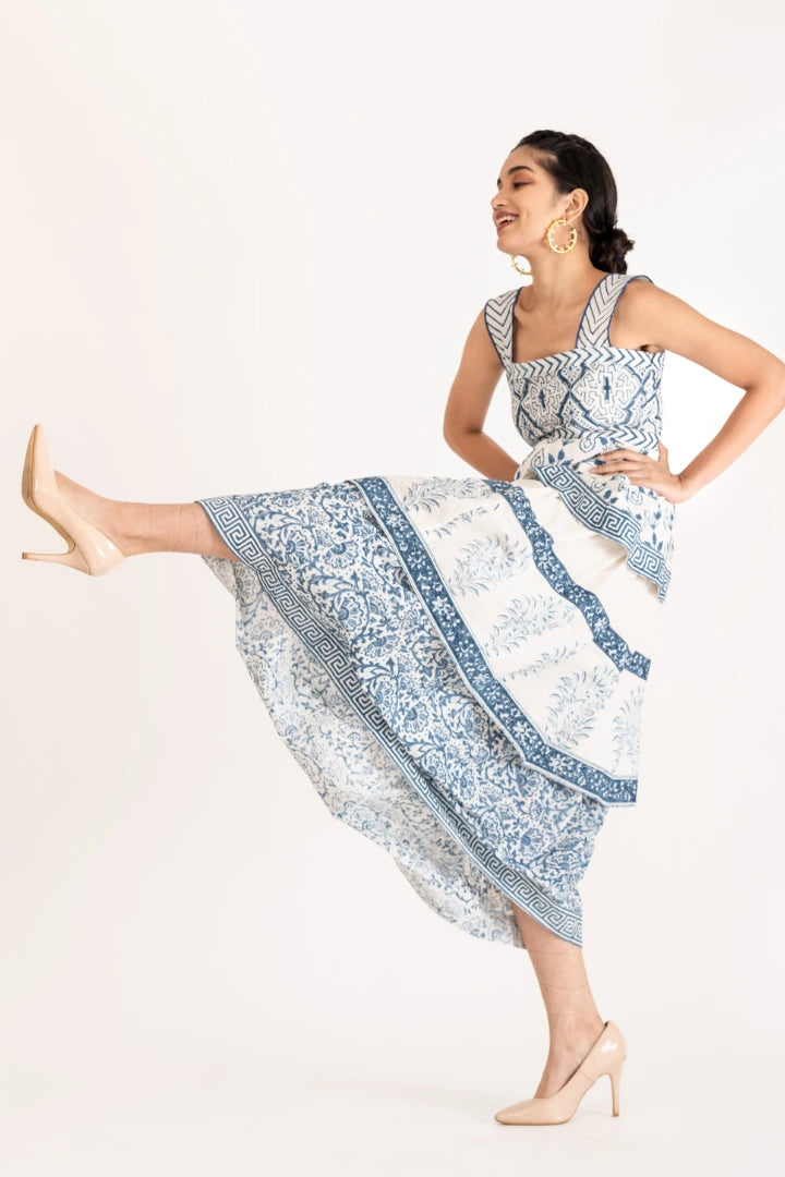 Ilamra kalamkari craft hand block printed organic cotton Indigo and off-white beautiful tiered dress