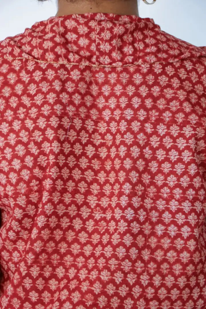 Ilamra sustainable clothing organic cotton madder red and beige hand block printed sexy ruffle top