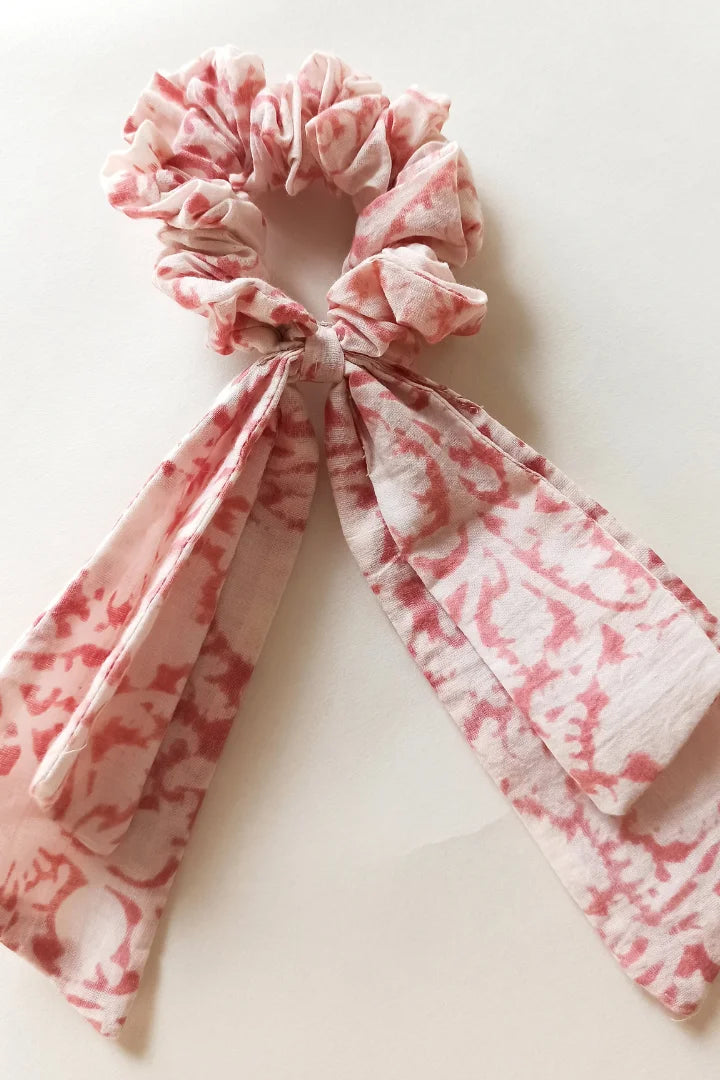 Ilamra kalamkari craft hand block printed organic cotton Blush pink and off-white elegant scrunchie