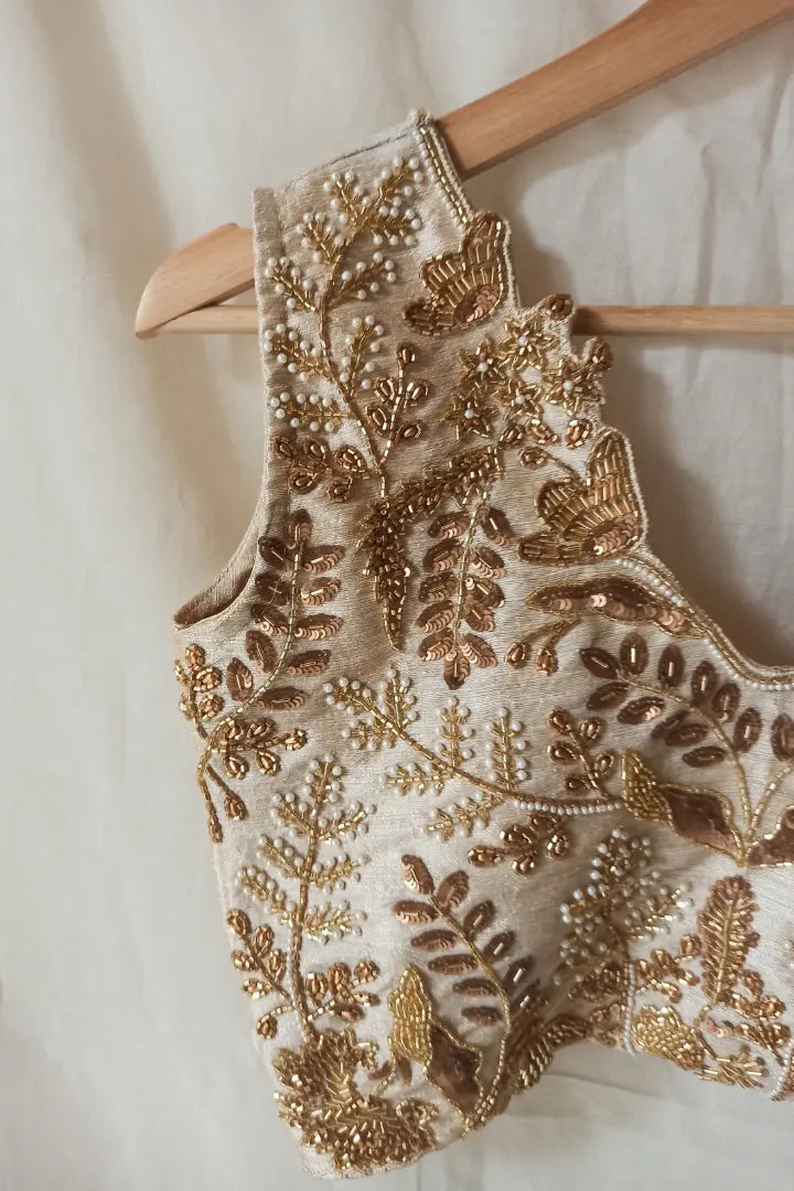 Ilamra sustainable clothing organic cotton beige hand block printed blouse and lehenga set