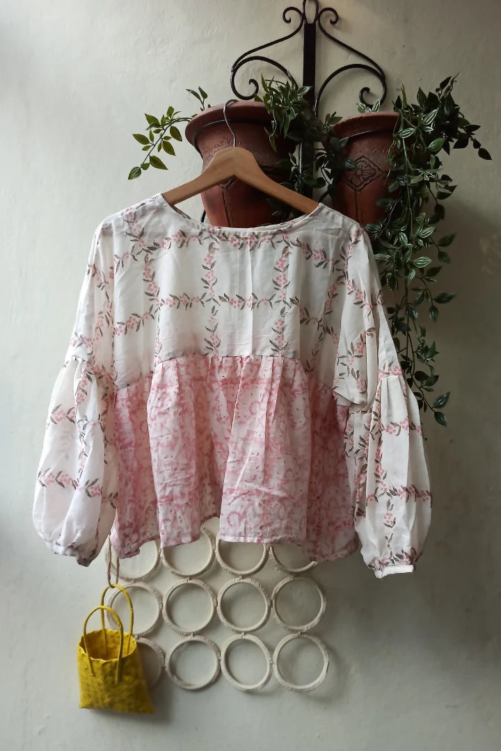 Ilamra sustainable clothing organic cotton pink, green and off-white hand block printed tent top