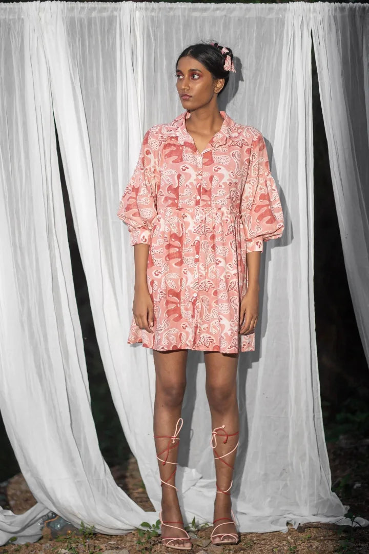 Ilamra hand block printed organic cotton naturally dyed pink and red dress