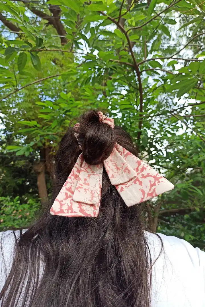 Ilamra kalamkari craft hand block printed organic cotton Blush pink and off-white elegant scrunchie