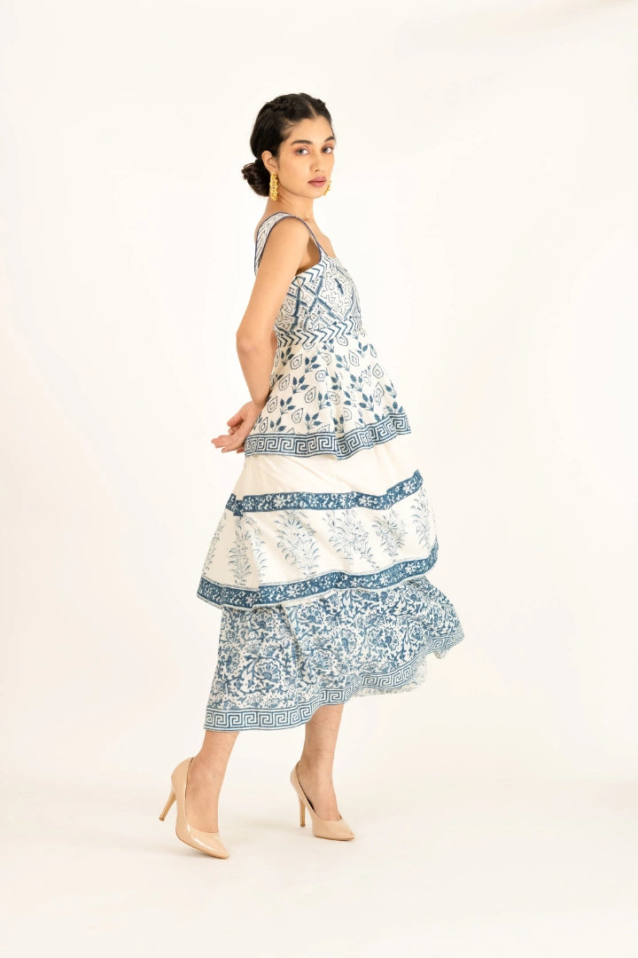 Ilamra kalamkari craft hand block printed organic cotton Indigo and off-white beautiful tiered dress