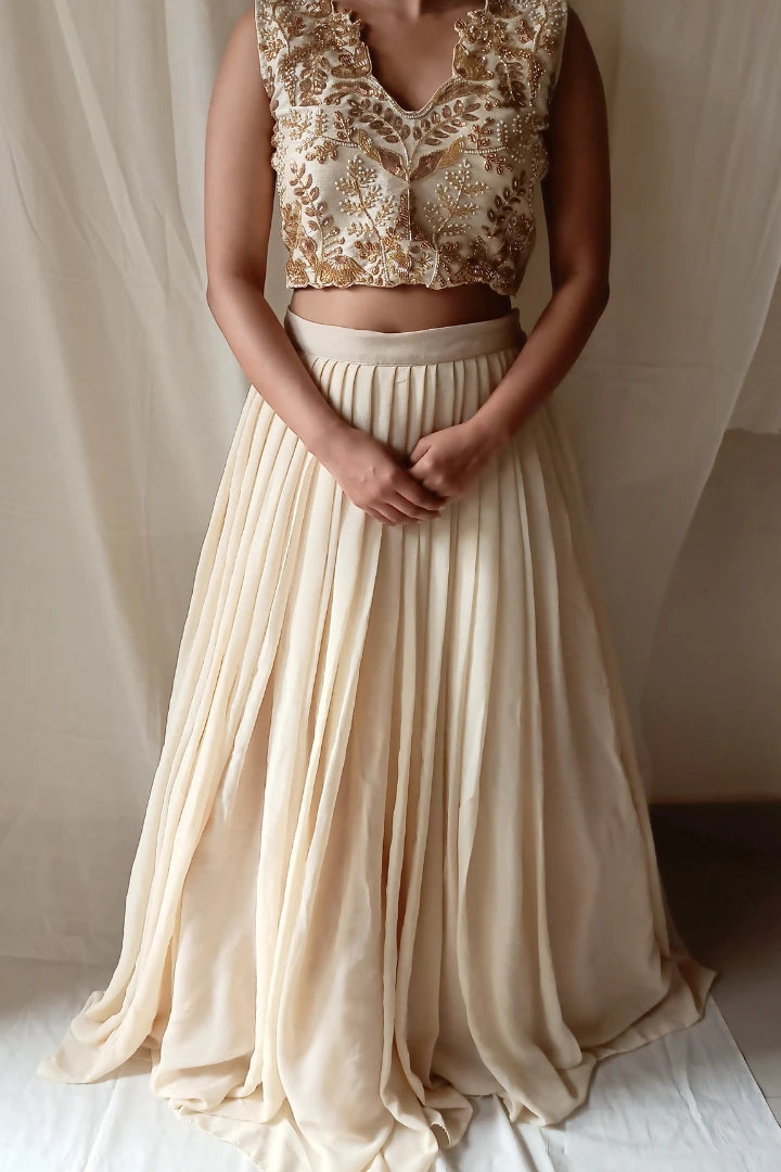 Ilamra sustainable clothing organic cotton beige hand block printed blouse and lehenga set