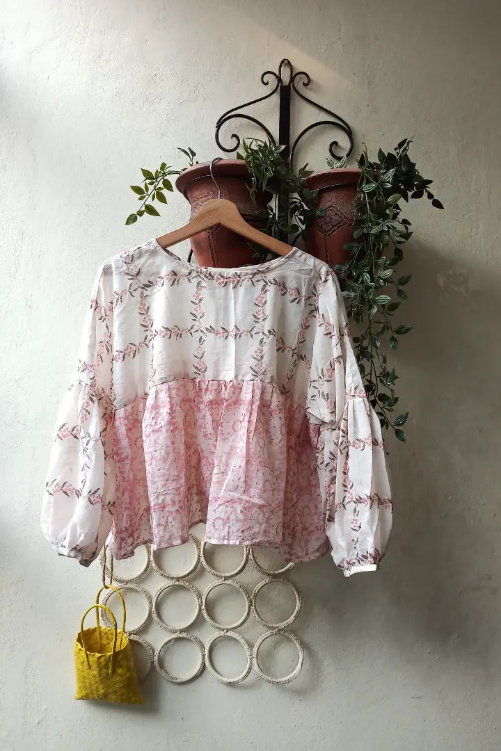 Ilamra sustainable clothing organic cotton pink, green and off-white hand block printed tent top