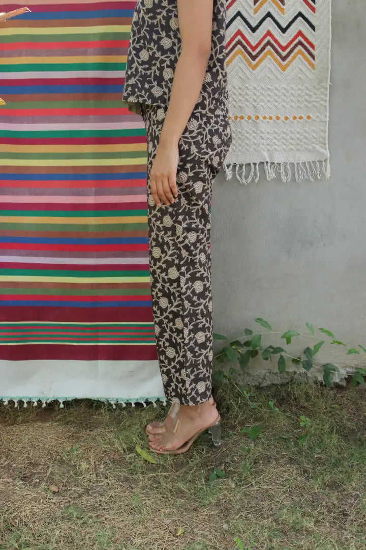 Ilamra kalamkari craft hand block printed organic cotton black and beige co-ord set